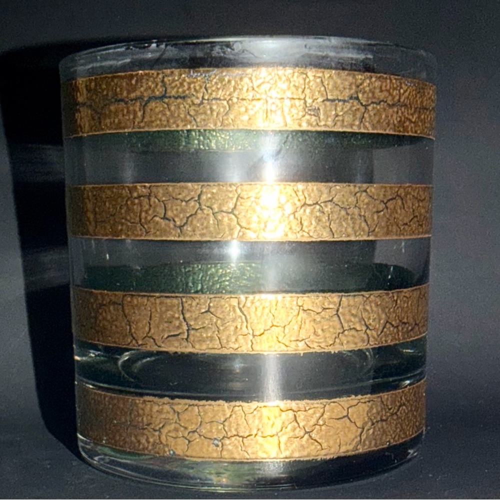 Culver MCM 22K Crackle Gold Green Regiment Old Fashioned Glass Tumbler Lowball‎